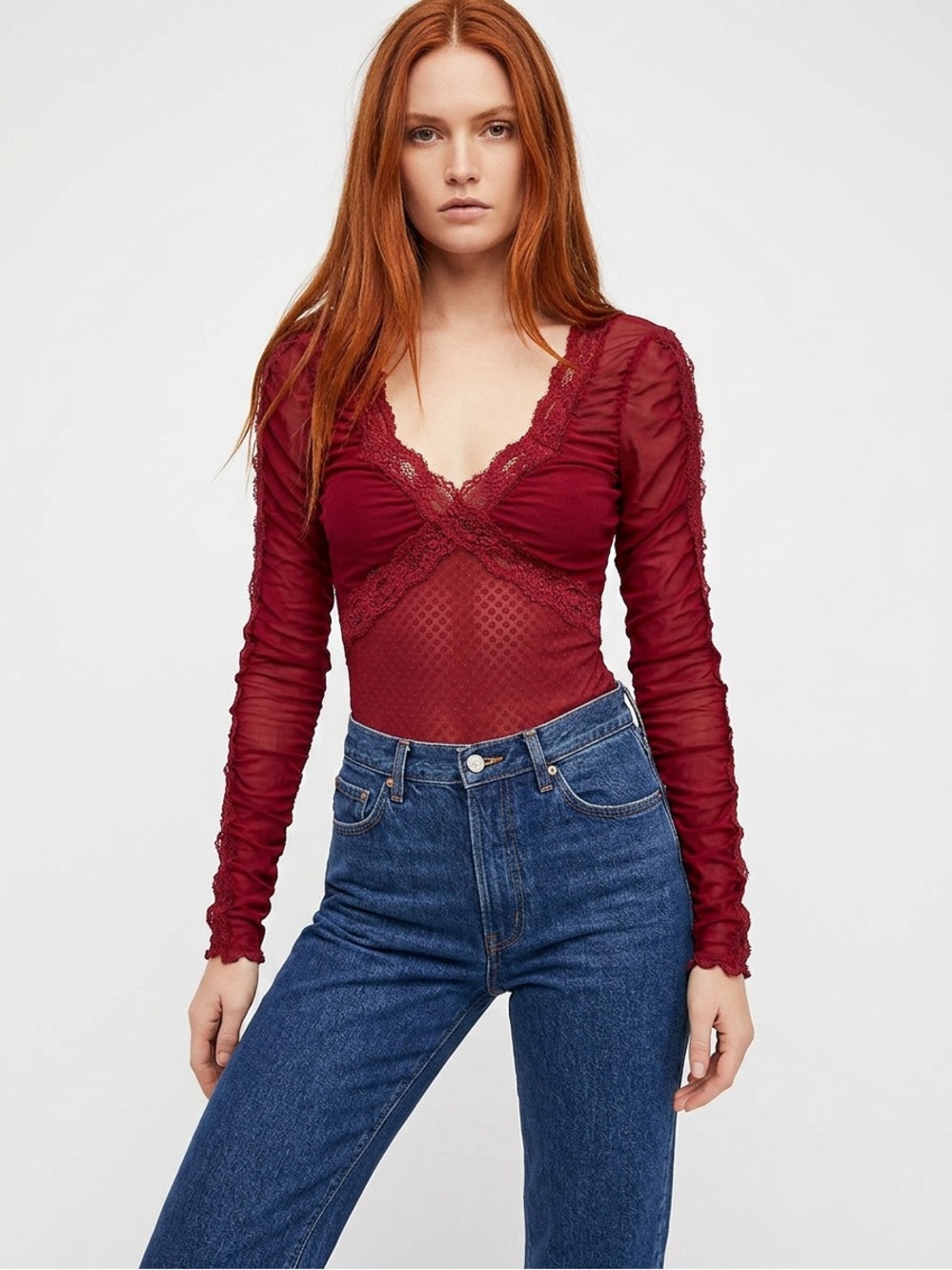 Intimately Free People Burgundy Lace-Trim Long Sleeve Bodysuit Sz SP